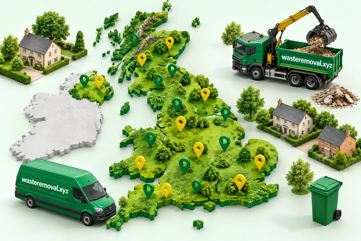 Illustration of a UK map with green and yellow location pins, a rubbish removal van, a grab lorry and a wheelie bin