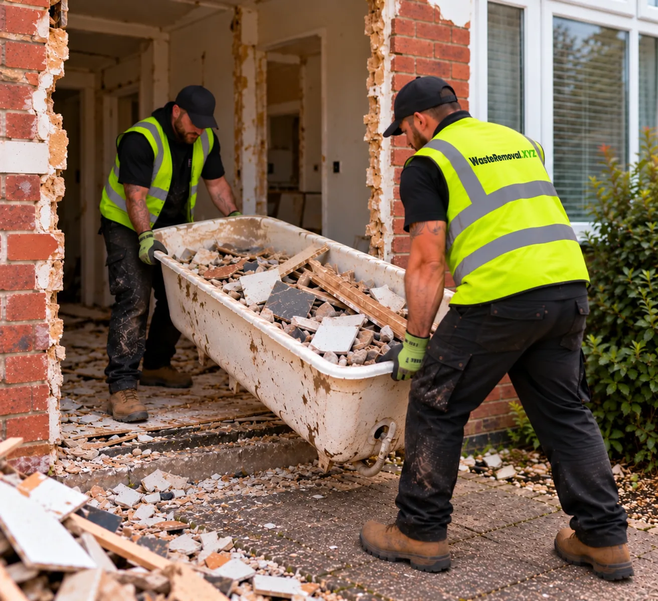 Old bath full of tiles and rubble being carried out during a renovation