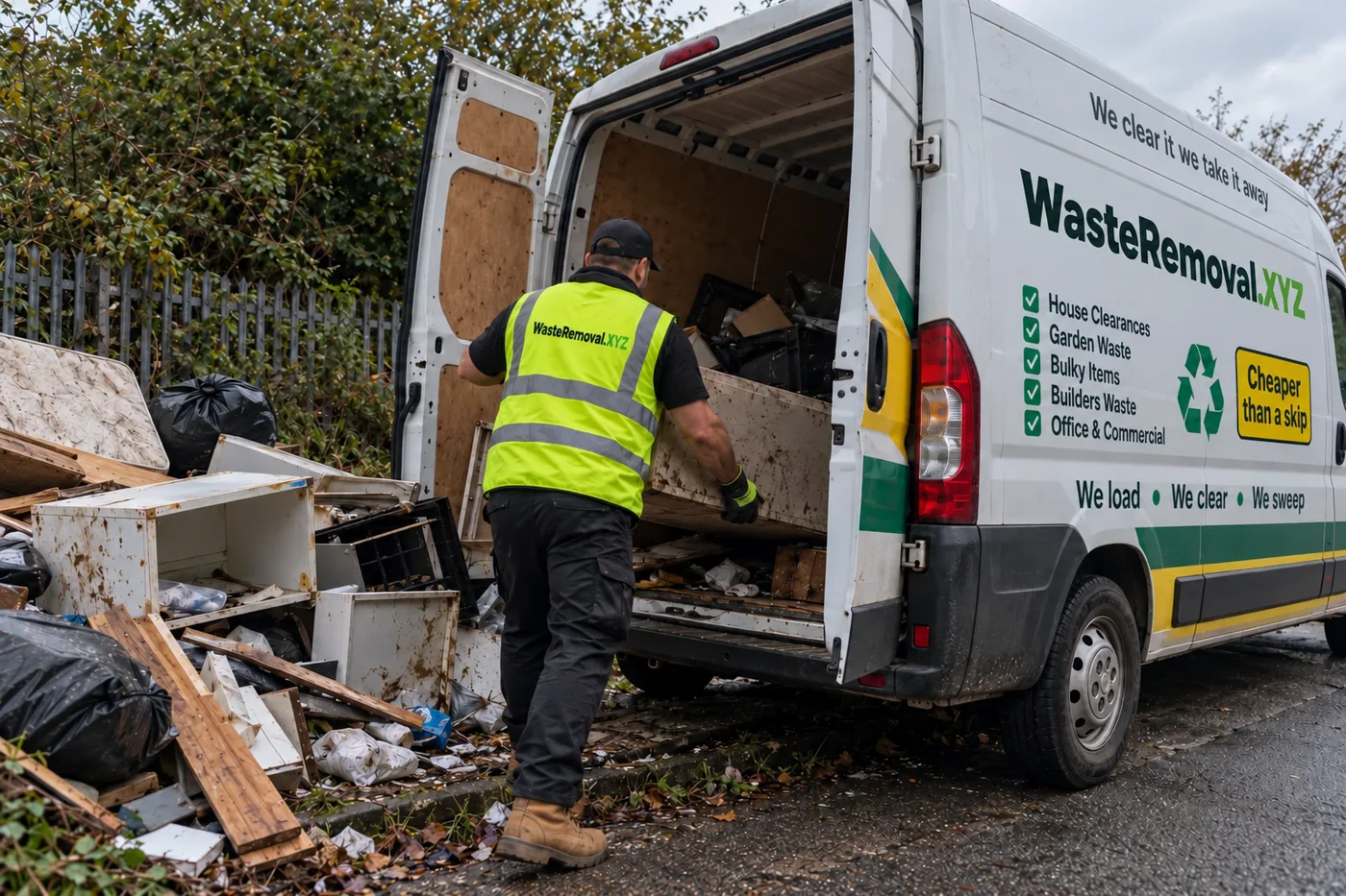 Fly-tipped rubbish being cleared into a van