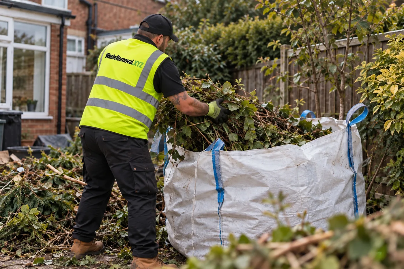 Garden waste being loaded into a bulk bag
