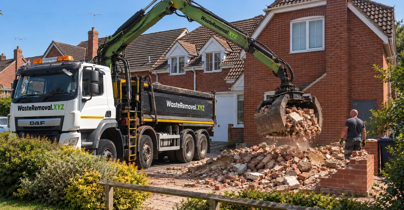 Grab lorry loading rubble and soil from a driveway