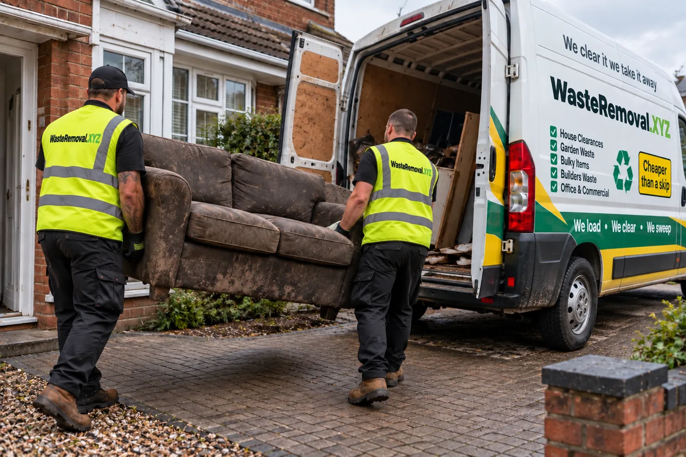 Old sofa being carried to a van during a house clearance